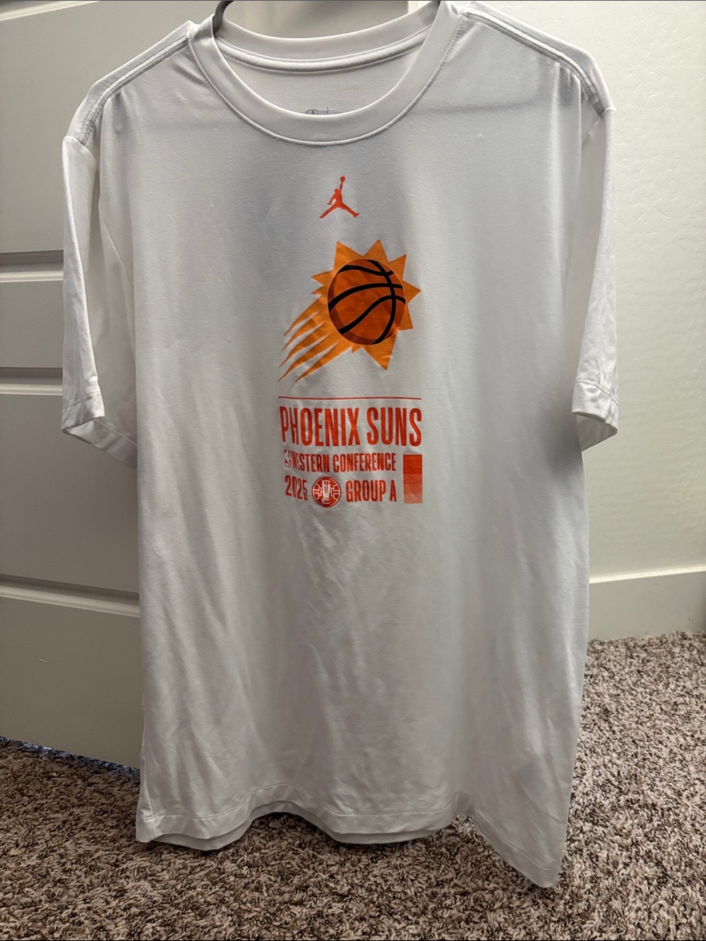 Jordan White Tee with Orange Phoenix Suns Graphic